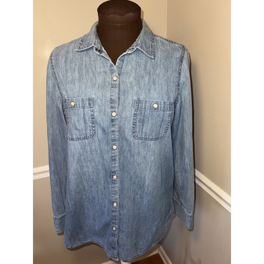 J Jill Pearl Snap Denim Jean Shirt Western Womens Sz S Blue Chambray